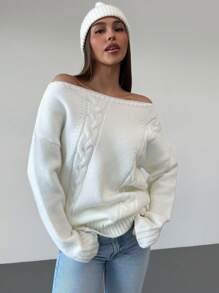 Aloruh Suéter holgado y casual de punto de cable con cuello redondo y hombros descubiertos para mujer, crema