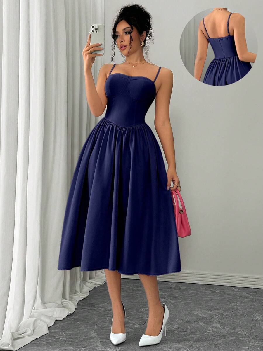 Rafferiza Vestido acampanado con espalda descubierta, versátil y de moda, apropiado para citas, fiestas, otoño/invierno - Azul Marino - Ver 1