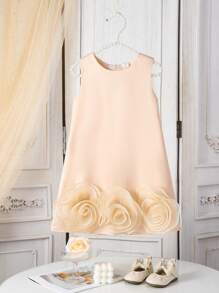 SHEIN Glamorique Kids 1pc Young Girl Floral Wedding Bridesmaid Dress, Sleeveless Elegant Satin Dress With Big Bow Decor & Flower Design, Suitable For Wedding, Party, Stage Performance In Summer - Champagne - View 1