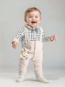 Bộ đồ liền thân bé trai quý ông, quần yếm giả họa tiết hươu dễ thương, tay dài, có nơ kẻ sọc, phù hợp cho mùa xuân và mùa thu, bộ đồ liền thân thường ngày quý ông thời trang cho bé trai, vải mềm mại và thoải mái, lý tưởng cho trẻ sơ sinh - Nhiều màu - Xem 3