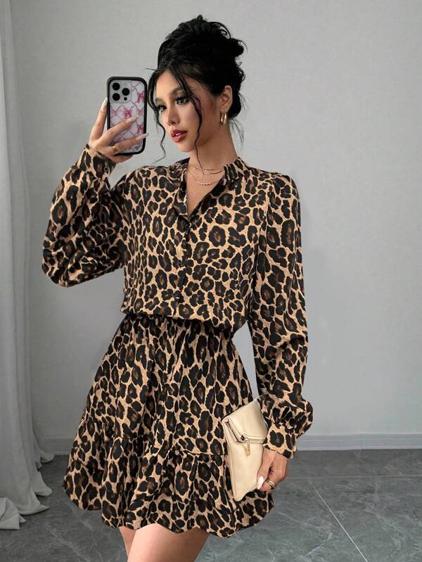 Breezaya Vestido corto con cuello alto, cintura anudada, mangas farol y volante en el bajo para mujer en otoño