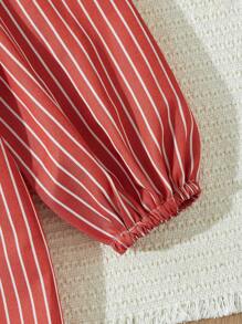 Blossori Young Girl Peter Pan Collar Long Sleeve Striped Minimalist Casual Dress, For Christmas - Red - View 3
