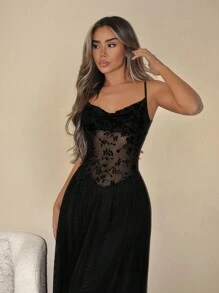 SHEIN ICON 细肩带垂领复古花卉植绒双层透视不对称下摆连衣裙 - 黑色 - 查看 4