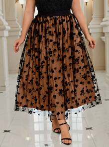 SHEIN Clasi Plus Size Mesh Contrast Ruffle Floral Embroidered Casual Skirt - Brown - View 1