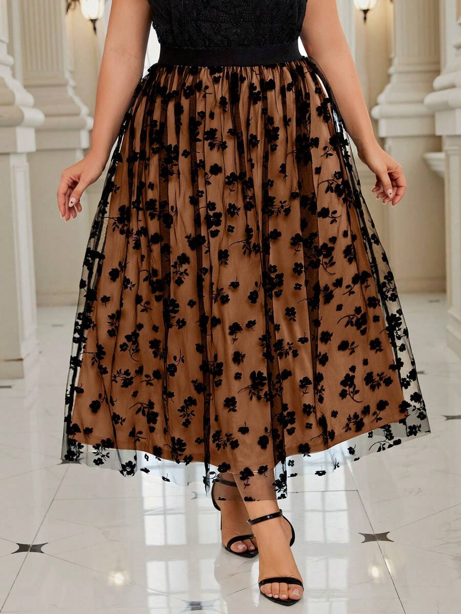 SHEIN Clasi Plus Size Mesh Contrast Ruffle Floral Embroidered Casual Skirt - Brown - View 1