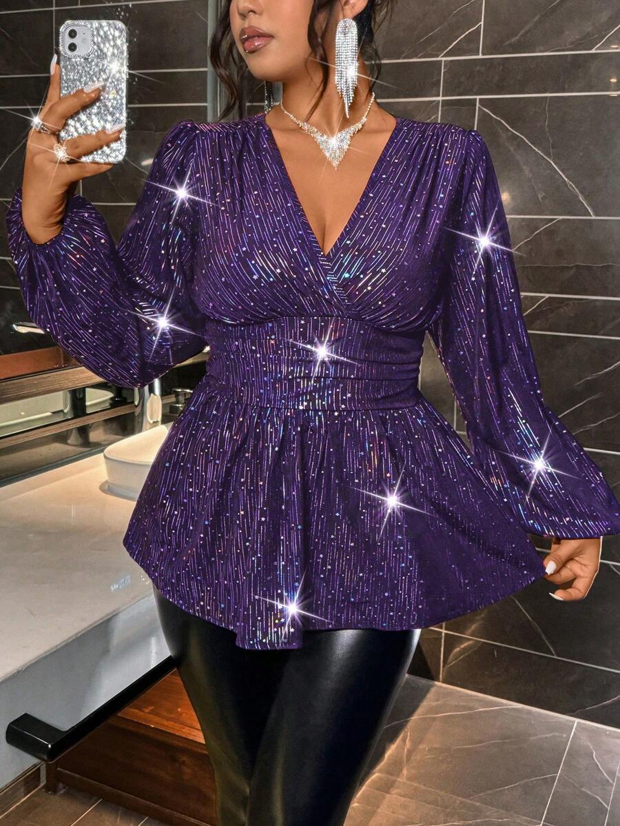 SHEIN Unity Koszula z rękawami typu latarnia i cekinami w modnych cekinach w rozmiarze plus size