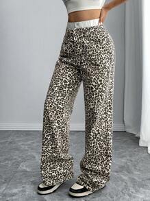 SHEIN SXY Women's Casual Leopard Patchwork Waist Wide Leg Loose Fit Low Waist Denim Jeans, Versatile Streetwear For All Seasons