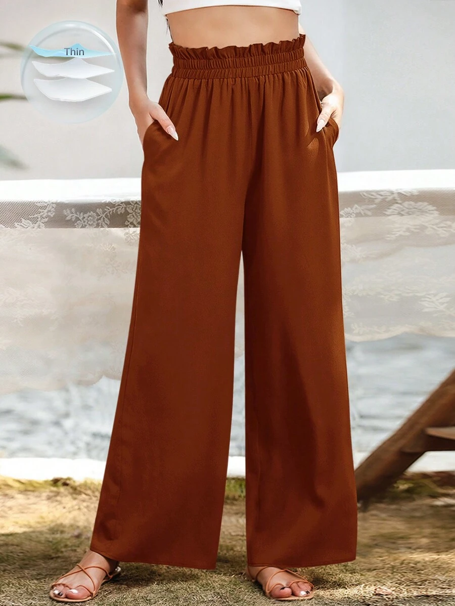 SHEIN LUNE Paperbag Waist Wide Leg Pants Fall Cloth For Women - Rust Brown - View 1