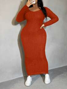 SHEIN SXY Plus Size Solid Color Sweetheart Collar Long Sleeve Casual Long Dress - Rust Brown - View 7