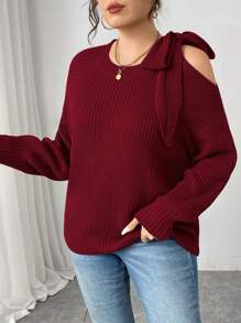 Calvaya Plus Size Solid Color Off Shoulder Bowknot Sweater, Valentine's Day & New Year