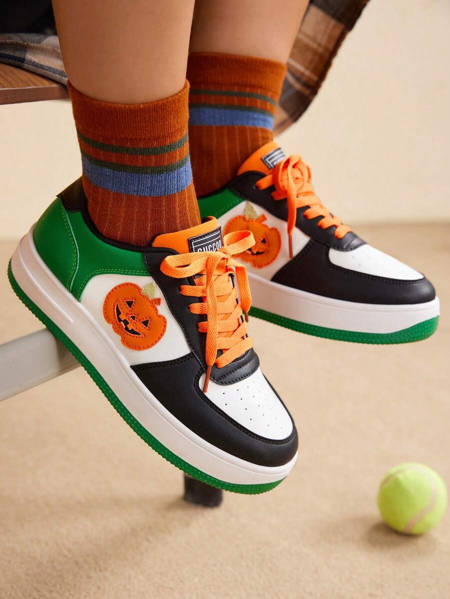 CUCCOO EASI Scarpe sportive da donna con suola spessa, allacciate, con stampa di zucche, bicolore, casual, con platform, adatte per l'autunno e la primavera, motivo zucche di Ognissanti - Multicolore - Visualizzare 1