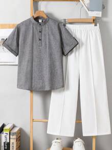 2 stuks/set Tween Boys Casual Stand Collar Loose Short Sleeve Half Placket Pullover Top en Straight Loose Pants Set, Geschikt voor school, tuin, strand, verjaardag in de lente, zomer, herfst, winterseizoenen