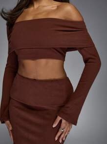 MISSGUIDED Brush Rib Flap Detail Off Shoulder Long Sleeves Top And Bodycon Maxi Skirt Two Piece Co-Ord Set - Coffee Brown - View 4