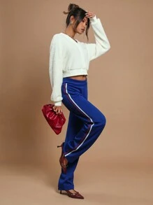 COSMINA Women's Solid Color Patchwork Casual Low-Waist Sweatpants, Everyday Wear - Navy Blue - View 6