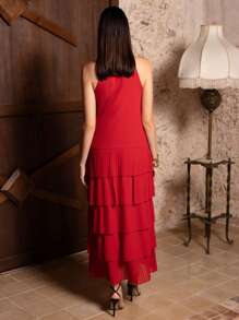 VERO DIAZ 设计师优雅红色雪纺褶皱无袖系带领褶皱分层荷叶边长款派对礼服、节日装、春夏装、节日、狂欢装 - 紅色 - 查看 2