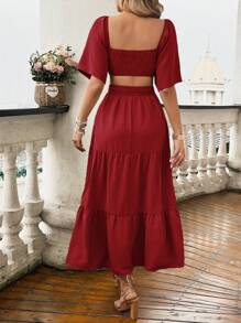 Pariaura 女士方领短袖镂空简约休闲长裙酒红色长款女装