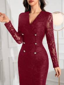 Modelyn Women's Lace Patchwork Long Sleeve Button Front Casual Dress Long Evening Dresses