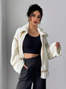 SHEIN Privé Women's Casual Elegant Warm Beige Fluffy Motorcycle Teddy Jacket, Regular Fit, Autumn/Winter