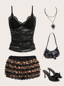 Sweetina 1pc Holiday Party Women Outfits Y2k Sexy Lace Decor Multi-Layer Low Waist Shorts, Leopard Print Casual & Fashionable For Daily Wear - Multicolor - View 2
