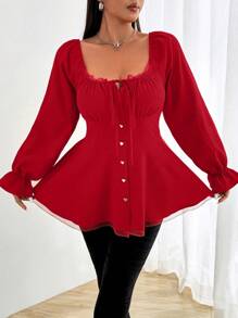Flirla Plus Size Spring/Autumn Red Vintage Romantic Elegant Cute Loose Vacation Valentine's Day Christmas Open Front Flare Collar Splice Ruffle Trim Long Sleeve Shirt For New Year Clothes - Red - View 3