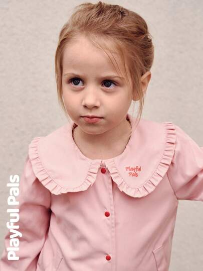 SHEIN 1 Pc Young Girls Coats Ruffle Peter Pan Collar Letter Print Fun Cute/Vintage/Casual/Outings Autumn/Winter/Spring Suitable For School And Outings