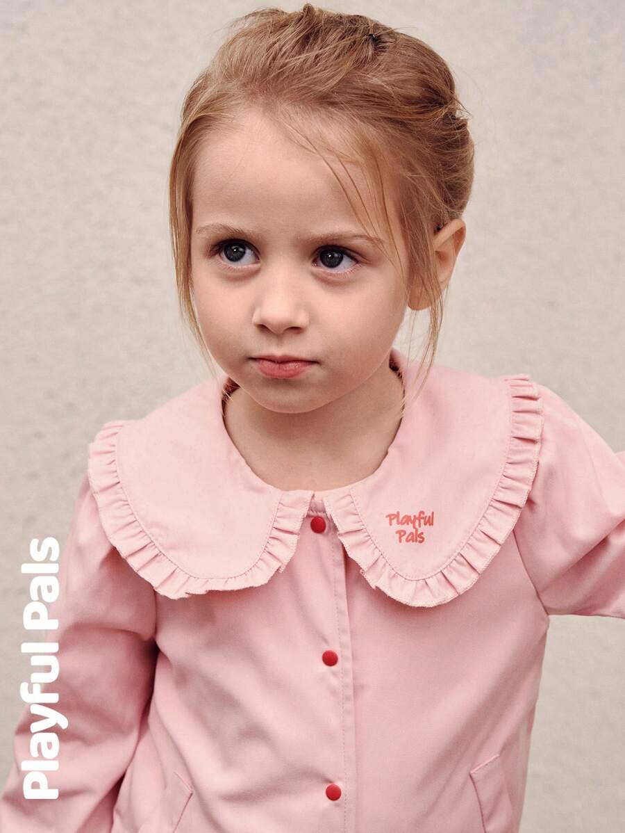 SHEIN 1 Pc Young Girls Coats Ruffle Peter Pan Collar Letter Print Fun Cute/Vintage/Casual/Outings Autumn/Winter/Spring Suitable For School And Outings - Pink - View 1