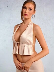 SHEIN SXY 新年优雅性感夜店必备情人节派对玫红色香槟金缎面吊带背心加低腰鱼尾裙两件套 - 香檳色 - 查看 3