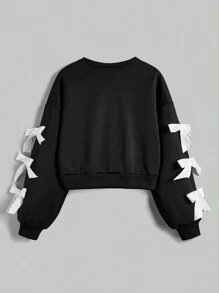 ROMWE Goth Sudadera con capucha de forro polar con estampado de gato misterioso y decoración de lazo - Negro - Ver 2