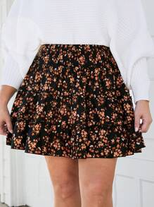 SHEIN LUNE Plus Size Casual Floral Ruffle Hem Mini Skirt, Vacation Style Birthday New Years Women Valentine's Day Business Casual Woman - Multicolor - View 4