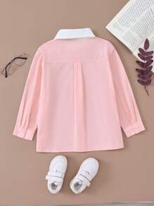 PrepCrw 年轻男孩休闲学院风土拨鼠刺绣编织修身领长袖纽扣衬衫，粉色和白色 - 粉色 - 查看 2