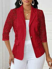 SHEIN Lady Plus Size Casual Elegant Contrast Lace Single-Breasted Jacket, Autumn