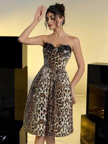 SHEIN Belle Vestido elegante y lujoso de gala de línea A con estampado de leopardo de lentejuelas, vestido para invitada de boda