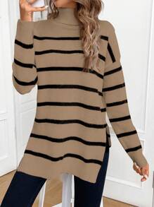 SHEIN Frenchy 休闲拼色条纹高领侧开衩毛衣，秋冬