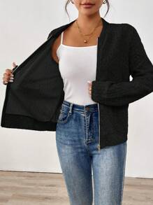 SHEIN LUNE Women's Sporty Bomber Jacket, Textured Fabric, Casual Comfortable Elegant Outerwear For Autumn/Winter - Black - View 7