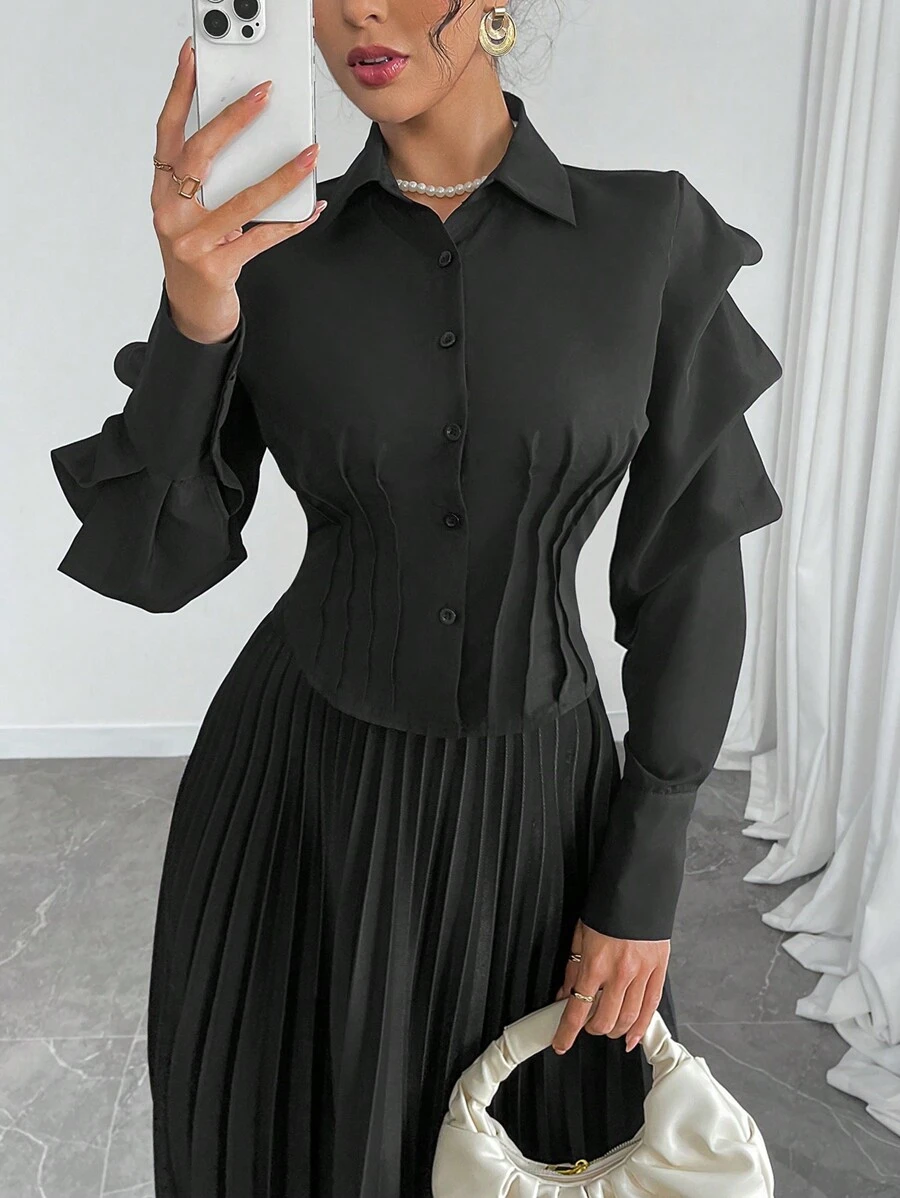 SHEIN Unity 2024 New Women Fashion Asymmetrical Ruched Long Sleeve Slim Fit Short Blouse Women Shirt - Black - View 1