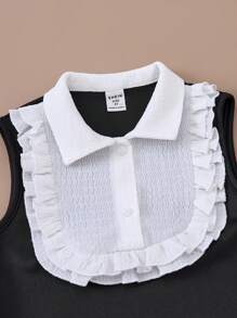 PrepCrw Young Girls' College Style Black & White Splicing Ruffle Trim Woven Bodycon Dress With Collar