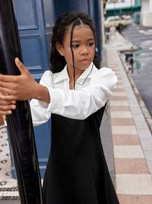SHEIN Explorewe Tween Girl Elegant Black And White Dress,Chic Versatile Silhouette For School,Back-To-School,Autumn,Skin-Friendly Fitted Fashion Dress For Outings - Black and White - View 4