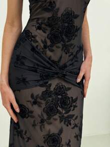 Aloruh Ruched Fitted Flocked Bodycon Dress For Women, Party/Event Wear - Black - View 6