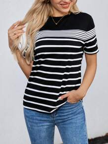 SHEIN LUNE Women's Striped Patchwork Casual Round Neck Short Sleeve T-Shirt, Spring/Summer Spring Clothes,Casual - Multicolor - View 5