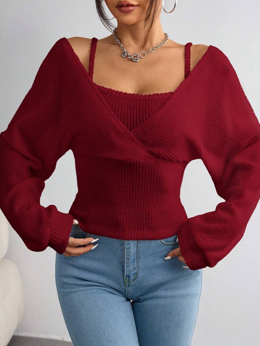SHEIN EZwear Women's Casual Solid Color Knit Long Sleeve Regular Fit Pullover Top - Rose Red - View 1
