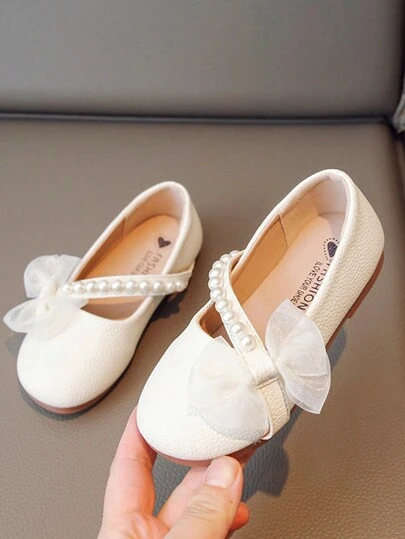 1 Pair Girl's Flat Shoes, Beige Comfortable Versatile Bowknot Fairy Style Outdoor Kids Shoes