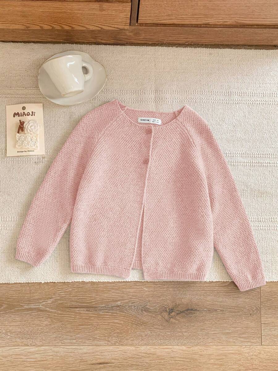 Blossori Young Girls French Elegant Grey Button Up Loose Long Sleeve Cardigan Sweater, Autumn/Winter - Pink - View 1