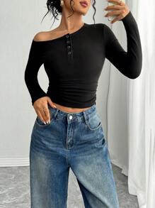 INAWLY Women's Y2K Fitted Sexy One-Shoulder Long Sleeve T-Shirt Fall Cloth For Women