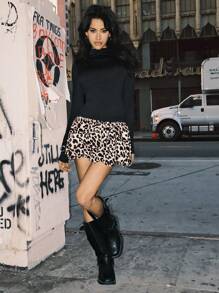 SHEIN EZwear 女式全新纯色拼接豹纹荷叶边下摆长袖连衣裙 - 黑色 - 查看 3