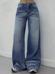 DAZY 女士休闲破洞阔腿牛仔裤，宽松低腰牛仔裤 - 中等水洗藍 - 查看 7