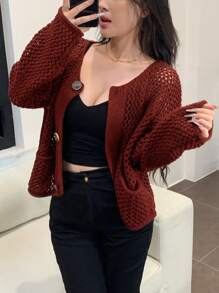 SHEIN MOD Damen einfarbiges Hemd mit Knopfleiste und Perforationen, langärmelig mit Taschen, minimalistischer Stil - Bordeaux - Übersicht 5