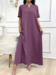Al Najma Women's Elegant Solid Color Notched Neck Maxi Arabian Dress - Dusty Purple - View 1