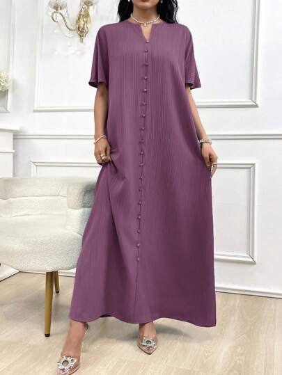 Al Najma 女士优雅纯色缺口领阿拉伯长裙