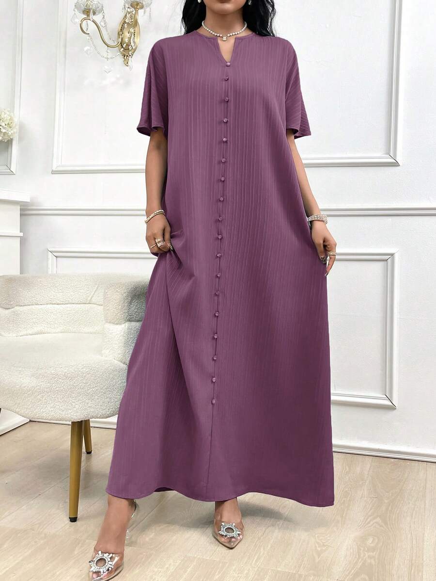 Al Najma Women's Elegant Solid Color Notched Neck Maxi Arabian Dress - Dusty Purple - View 1