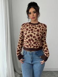 Chiquease Maglione corto a collo tondo con stampa leopardata retrò, casual per autunno/inverno, maglia a pullover per la stagione autunnale - Multicolore - Visualizzare 4